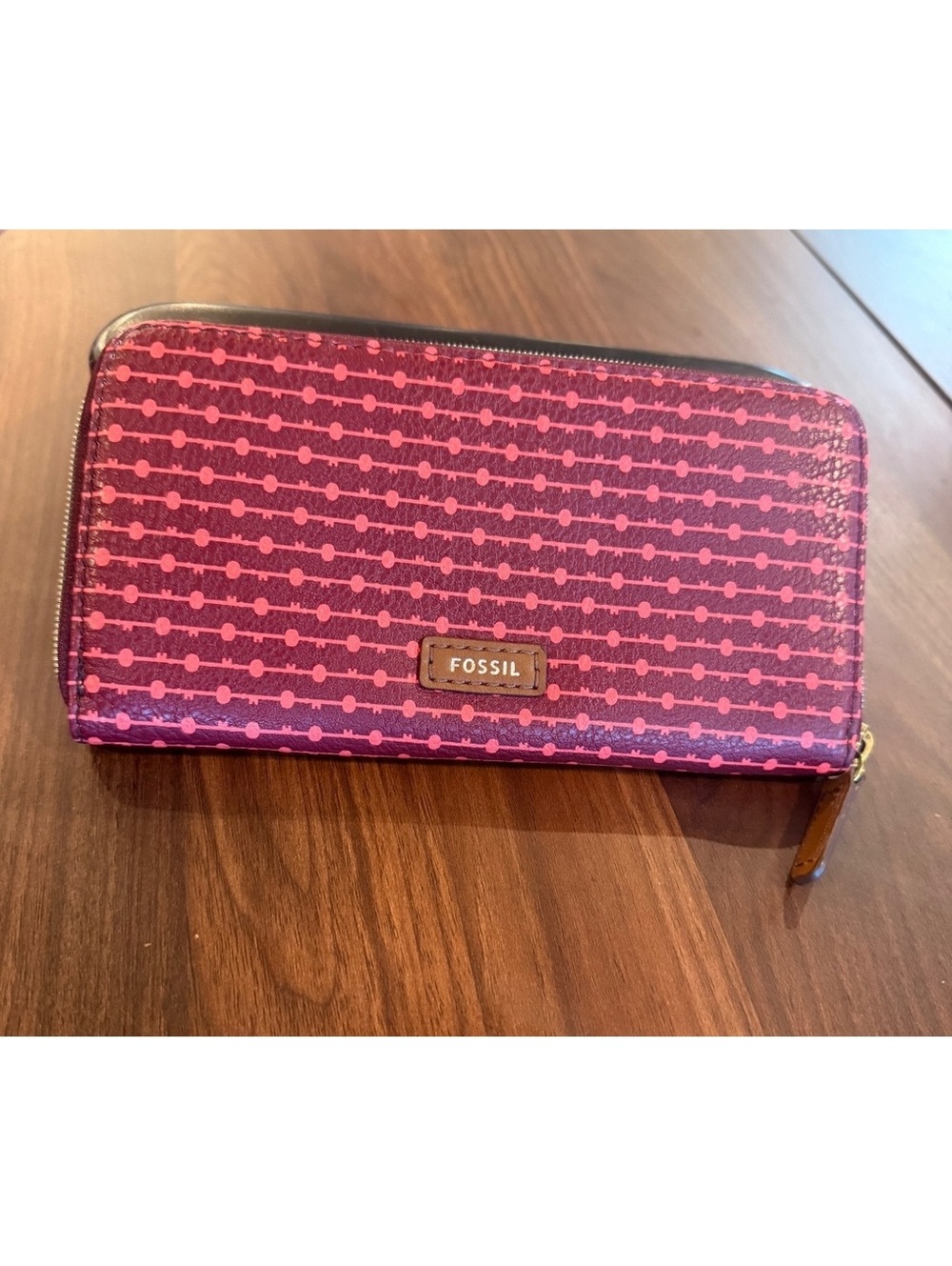 Fossil Women's Zip-Around Wallet in Pink and Burgundy Pattern